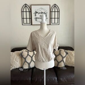 Zury Natural Beige High Low V Neck Blouse Linen Blend Free Size Coastal Grandma